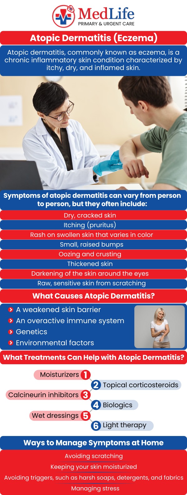 Common questions asked by patients: What are the common symptoms of atopic dermatitis? What causes atopic dermatitis to flare up? How is atopic dermatitis diagnosed? Can atopic dermatitis affect both children and adults? For more information, contact us or request an appointment online. We are conveniently located at 2035 Flat Shoals Rd SE, Conyers, GA 30013. We serve patients from Conyers GA, Covington GA, Lakeview Estates GA, Stonecrest GA, and surrounding areas.