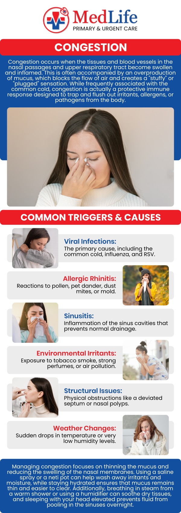 Common questions asked by patients: How does nasal congestion affect my body? What are nasal congestion symptoms? What triggers nasal congestion? What are the most common causes of nasal congestion? For more information, contact us or request an appointment online. We are conveniently located at 325 Huntington Pl Ct, McDonough, GA 30253. We serve patients from McDonough GA, Stockbridge GA, Lovejoy GA, Hampton GA, Morrow GA, and surrounding areas.
