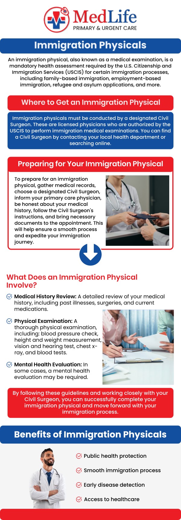 MedLife Primary & Urgent Care in Winder, GA, offers a streamlined, comprehensive approach to the required I-693 immigration physical. Our clinic provides everything you need in a single visit. Our knowledgeable staff will walk you through every step of the examination, carefully completing and sealing your final documents to meet strict government standards. For more information, contact us or request an appointment online. We are located at 24 Amherst Dr, Winder, GA 30680.