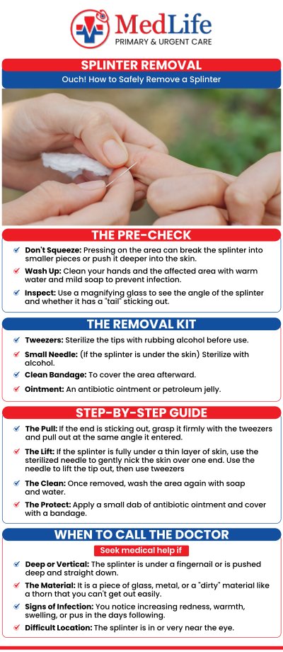 Common questions asked by patients: How is a splinter safely removed during a medical visit? What types of splinters may require professional removal? What can happen if a splinter is left untreated? How can you care for the skin after splinter removal? For more information, contact us or request an appointment online. We are conveniently located at 4038 Winder Hwy, Flowery Branch, GA 30542. We serve patients from Flowery Branch GA, Oakwood GA, Gainesville GA, Braselton GA, Buford GA, Sugar Hill GA, and surrounding areas.